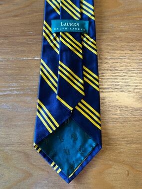 Lauren Ralph Lauren Silk Tie Navy Blue Yellow Striped Classic Prep USA Made